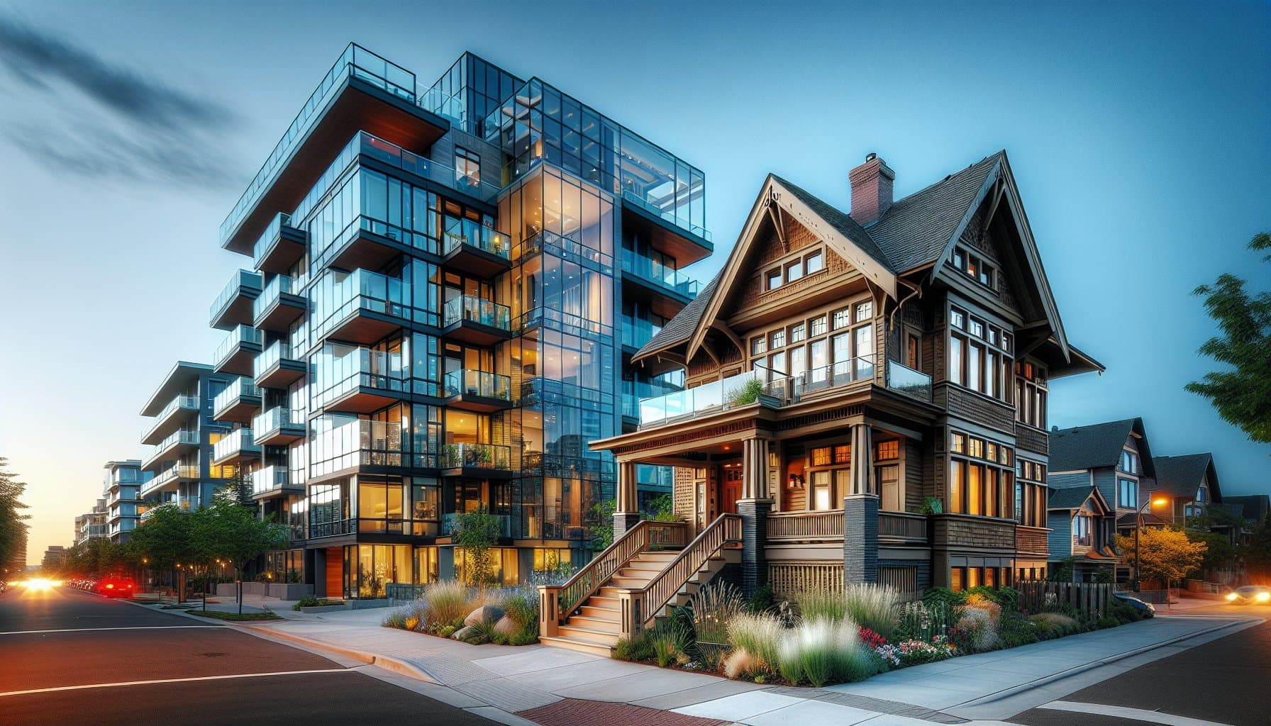 Side-by-side view of an Austin condo building and a single-family house