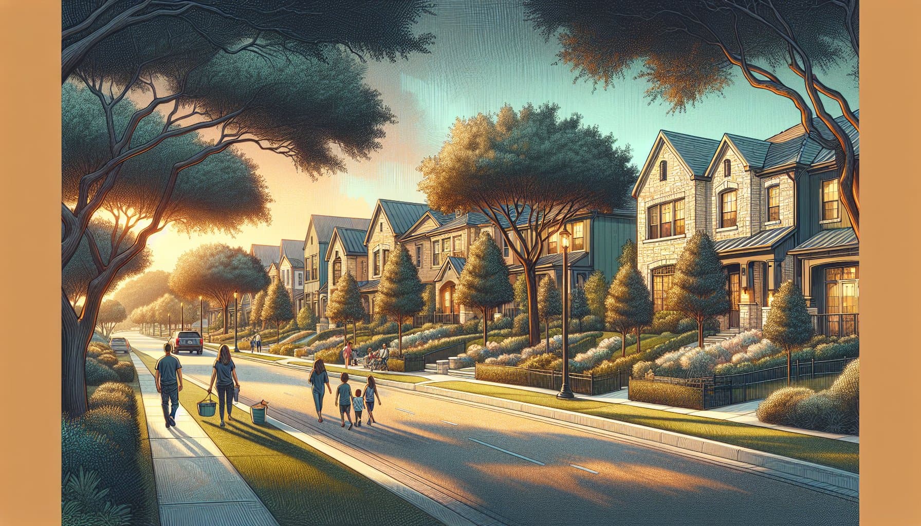 Family-friendly Austin neighborhood street with single-family homes and mature trees