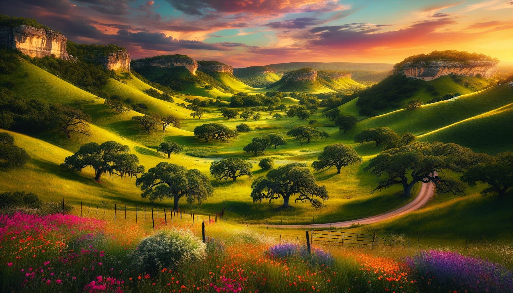 Rolling Texas Hill Country west of Austin with live oaks and homes on large lots