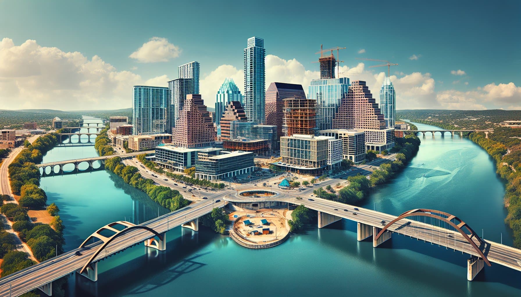 Aerial view of Austin homes and the downtown skyline used for the monthly housing market report